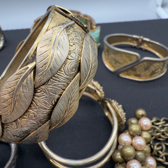 Vtg Chunky Bracelet Bangle Clamper Lot Gold Tone Silver Tone Beaded Chain Link - Picture 9 of 16